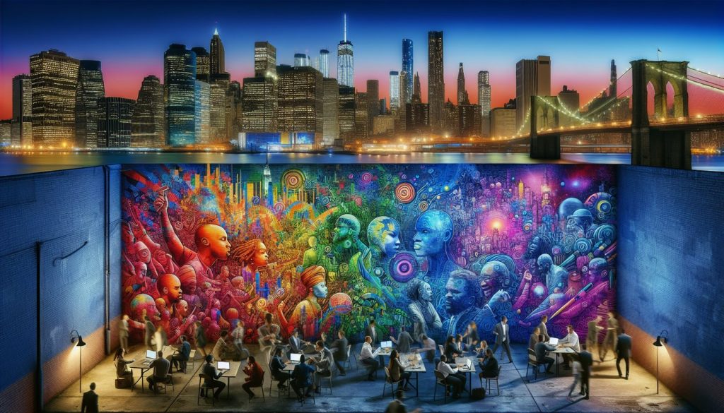 The image captures a dynamic urban landscape at dusk, with a vibrant mural of iconic hip-hop figures and thriving entrepreneurs set against the backdrop of a bustling city skyline. The scene is alive with energy, as diverse individuals passionately engage in creative and business activities, embodying the transformative influence and cultural fusion of Black entrepreneurship in the hip-hop industry.