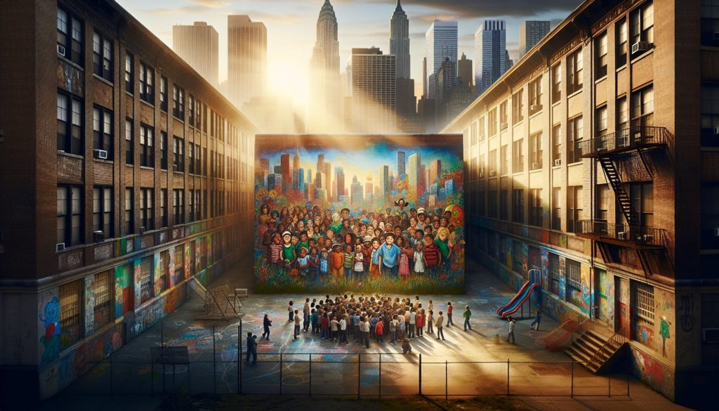 Urban schoolyard at dawn